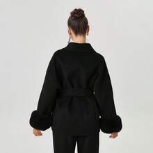 Women's Luxurious Solid Color Waist Tie Fuzzy Cuff Wrap Coat, Plush Thermal Outerwear Jacket For Fall & Winter - 黑色 - 查看 4