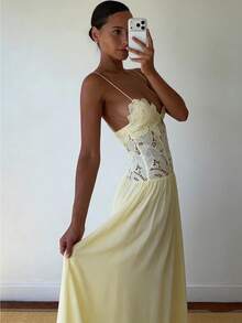 Sexy Spice Girl Casual Vacation Wind Embroidery Water Soluble Lace Hollow Splicing Chiffon Suspender Dress - 黃色 - 查看 3