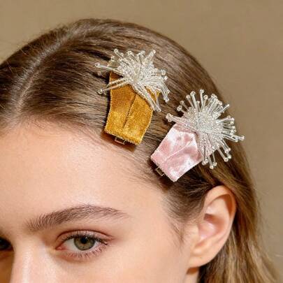 مشبك شعر أنيق مزين بالراين ستون على شكل زهرة، مشبك مخملي وردي الحافة، مشبك شعر موضة BB، مشبك الغرة، إكسسوار شعر جديد