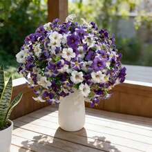 1 Bouquet Artificial Dwarf Petunia Outdoor Windproof & Waterproof Fake Plants - Vivid Purple, Pink & White, High-Quality Plastic Hanging Decor, Balcony & Patio Planter, Spring & Summer Decoration, Wedding & Event Arrangement, Thanksgiving Decor, Durable Artificial Flowers (No Container) - Multicolor - View 6
