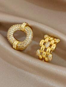 18K Gold Plated Chain & Round Zirconia Stackable Ring Set, Fade-Resistant Adjustable Wide Open Ring, Elegant Women's Daily Jewelry - Multicolor - View 2