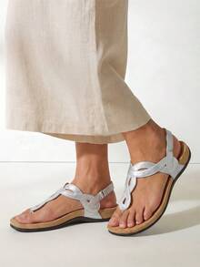 Athlefit Women's Orthopedic Arch Support Sandals Comfortable Thong T-Strap Orthotic Casual Flat Sandals - 銀色 - 查看 6