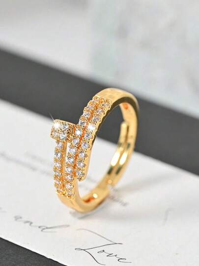1件轻奢时尚高档18k镀金铜锆石指甲戒指，女士款，适合日常佩戴。