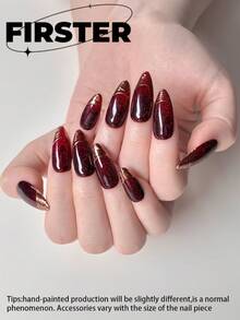 10片装中号杏仁形手工按压式美甲贴片，红色闪粉假指甲，深色花卉和铜色法式美甲，亮面，可重复使用的亚克力美甲，适合哥特和Y2K风格 - 彩色 - 查看 3