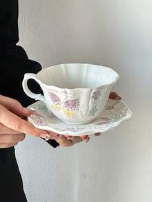 1 Set Embossed Matte Ceramic Coffee Cup & Saucer, French Ins-Style High-Quality Design, Large Capacity Elegant Mug, Ceramic - Suitable For Coffee, Milk, Entertaining Guests/Relatives, Exquisite Gift - Multicolor - View 14