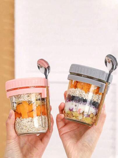 1 cốc đựng yến mạch và sữa chua di động - Cốc thủy tinh Mason có nắp và thìa, lý tưởng cho salad và sinh tố, tuyệt vời cho nhà hàng và sử dụng tại nhà, thích hợp cho yến mạch ngâm qua đêm, hộp đựng yến mạch chống rò rỉ, vật dụng nhà bếp, dùng để chuẩn bị bữa ăn với ngũ cốc, trái cây, rau củ, sữa, salad, sữa chua, phụ kiện nhà bếp.