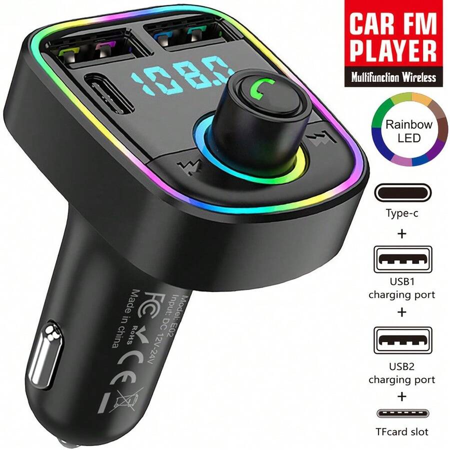 Fast Charging Mobile Phone Car Charger 3-In-1 FM Transmitter Support TF Card U Disk Car MP3 Player Dual USB Type C Car Charger Cell Phone Charging Hands Free Wireless Calling Car Kit Multifunctional RGB LED Anniversary Gift - one-size - View 1