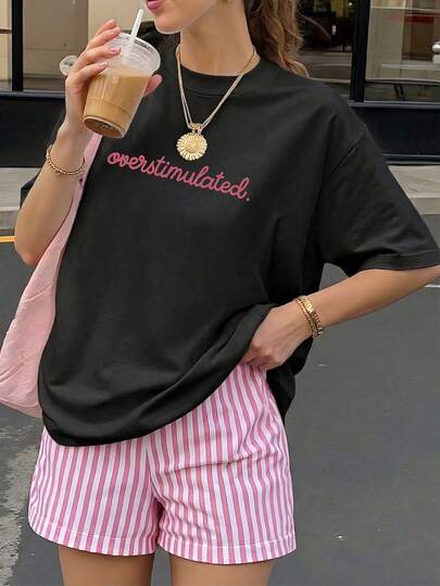 Women's Casual Short Sleeve Round Neck T-Shirt - Printed Pattern, Soft & Comfortable Fabric, Machine Washable, Summer Tops Black