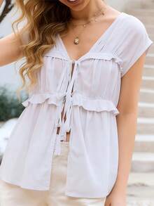 Women Cap Sleeve Shirts Solid Color Ruffles Front Tie-Up Blouses Summer Casual Tops Streetwear - Blanco - Ver 2
