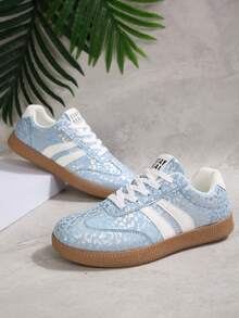 Sepatu Sneakers Patchwork Motif Leopard Wanita, Sepatu Olahraga Ringan dan Bernapas dengan Sol Karet Lembut dan Tahan Lama - Biru - View 7