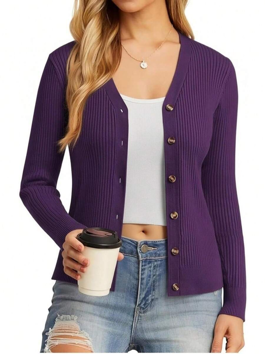 Women's Long Sleeve Button Up Cardigan Sweaters Ribbed Knit Open Front Casual - 深紫色 - 查看 1
