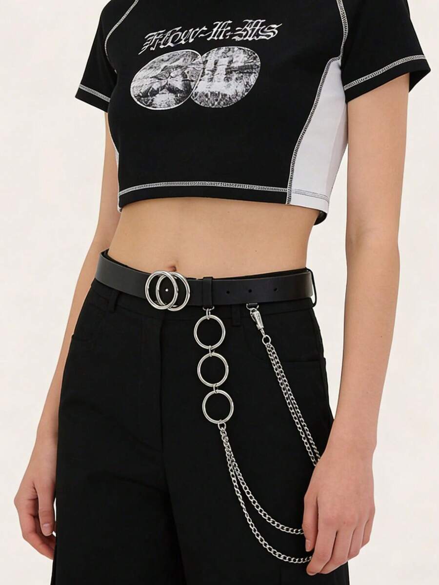 1pc Women's Fashion Versatile Belt, High-End Double Ring Buckle Chain Decor Street Style Waist Belt - Double Buckle Women's Belt - View 1