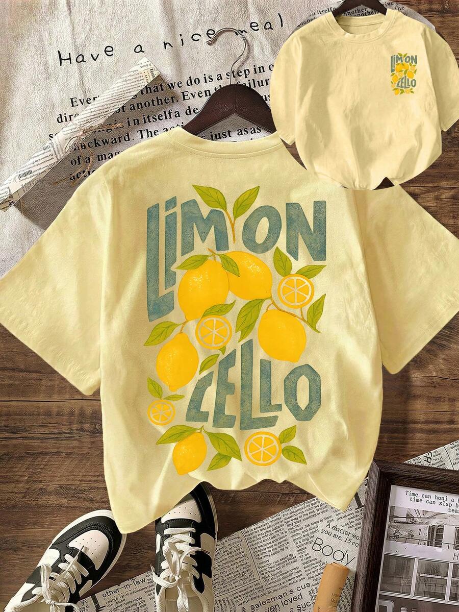 Áo thun nữ LIMON CELLO họa tiết chanh, cổ tròn, tay ngắn, kiểu dáng thường ngày, thích hợp cho kỳ nghỉ hè hoặc đi biển. - Màu vàng - Xem 1