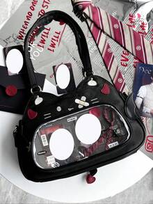 Anime-Inspired Ita Crossbody Bag With Clear Display Pocket, Cute Cat-Themed Lightweight Shoulder Bag For Girls - Black - View 3
