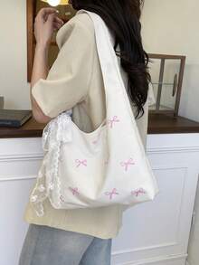 Cross-Border Silk Scarf Woven Straw Bag, Large Capacity New Bowknot Shoulder Bag, Minimalist Texture, Suitable For School, Commute, Beach, Tote Bag (Scarf Color Random) - White - View 3
