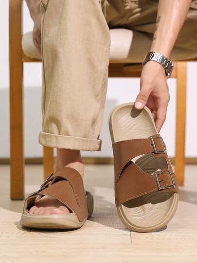 1双男士休闲凉鞋，柔软舒适，复古美式风格一脚蹬拖鞋，时尚复古日常穿着