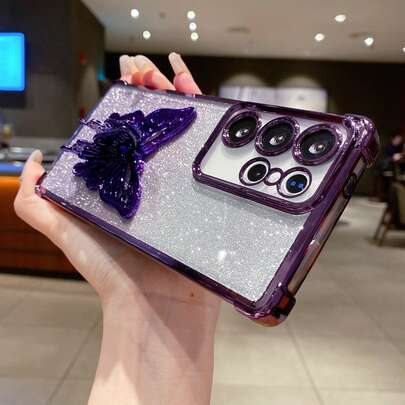 (Butterfly Stand) Butterfly Foldable Hidden Stand, Horizontal Or Vertical Desktop Placement, Glitter Gradient, 4-Corner Air Cushion Anti-Drop Transparent Case, Suitable For Android Series SX A57 A37/57 A123456789987654321 45G, Electroplated 4-Corner Air Cushion Anti-Drop Transparent Phone Case, Compatible With Samsung/S26/S25/S24/S23/S22 Series/A Series, Moto, Pixel