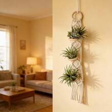 1pc Macrame Plant Hanger, Handwoven Boho Style Air Plant Bamboo Ring Decor Hanging Holder, Indoor Small Greenery Suspension Accessory - Excluding Plants And Flowers - Beige - View 4
