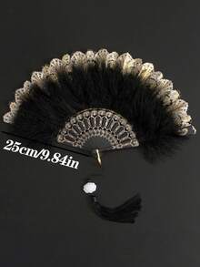 精緻印花金線蕾絲刺繡優雅手持摺扇，適合女性與女孩，適用化裝舞會、婚禮、舞蹈表演，附流蘇，涼爽便攜，郵輪度假、海灘旅行、露營必備配件 - 手持扇 - 查看 7