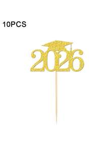 10pcs Graduation Cake Decorations, Fruit Picks, Wine Tags, Featuring Black & Gold Wavy Vase Accents, Includes Graduation Florals, Suitable For 2026 Graduation Ceremony. This Elegant Design Combines Graduation And Numeric Elements. - Multicolor - View 8