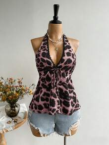 Rusttydustty Camiseta sin espalda de cuello en V para mujer, estampado de leopardo casual para vacaciones, estilo bohemio, adecuado para festivales de música en color rosa - Rosa - Ver 2
