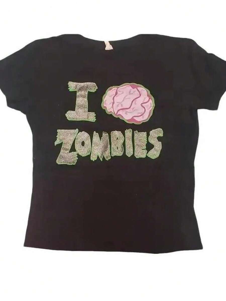 Vintage I Love Zombie Baby Tee, Y2k Style Aesthetics Streetwear, Women Tee Summer, Casual Goth 2000s Vintage Grunge Letter Short Sleeve Crop Top, Emo Girl, Downtown Girl Baby Tee, Summer Outfit, Downtown Girl Baby Tee, Gift For Her, Outfits-Loose-Fit Easy Relaxed Style, - màu đen - Xem 1
