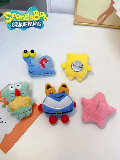 SpongeBob SquarePants 5pcs Cute SquarePants Plush Brooch, SquarePants Creative Pin Anime Badge, Random Colors And Styles, SquarePants Big Star Snail And Crab Boss Embroidered Plush Trademark Brooch