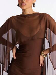 Awevudst Women High Low Capelets Shawls Wraps For Evening Dress Chiffon Cape Sheer Shawl Wedding Bridal Cape Evening Dress Capelets Bridesmaids Capelet Scarf - 深棕 - 查看 7