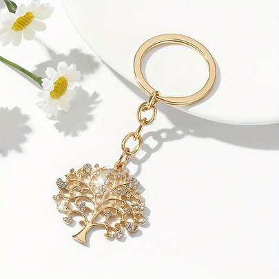 " Hollow Tree Of Life Keychain – Elegant Rhinestone Round Pendant For Women's Car Keys, Handbags & Backpacks, Stylish Fashion Accessory & Perfect Gift"