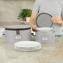 Porcelain Salad Plate Storage Case, 10 Inches Wide X 6 Inches High, Includes 12 Felt Dividers. Hard, Stackable Case With Padded Interior, 44493843 - 摩卡棕 - 查看 5