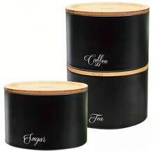3 Pcs Coffee Tea Sugar Container Set, Stackable Black Metal Canisters With Bamboo Lids Kitchen Storage & Organisation | Pantry Cupboard Organiser – Airtight, Durable, Easy To Clean, Ideal For Coffee, Tea, Sugar, - View 2