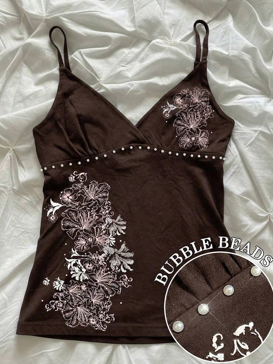 芙蓉花印花夏季上衣，女士休闲衬衫，女士沙滩装 - 棕色 - 查看 1