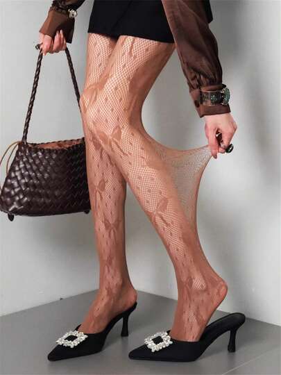 1pc Bowknot Tights For Women, Vintage Lace Pantyhose, High Elasticity Skinny Leggings, Hollow Out Jacquard Fishnet Stockings, Slimming Leg Shaping Hosiery