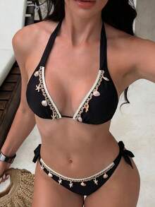 Bộ bikini nữ 2 mảnh chủ đề đại dương, gợi cảm, kiểu dáng thường ngày, dây mảnh, màu trơn, phù hợp cho kỳ nghỉ ở bãi biển và hồ bơi, màu đen mùa hè. - màu đen - Xem 2