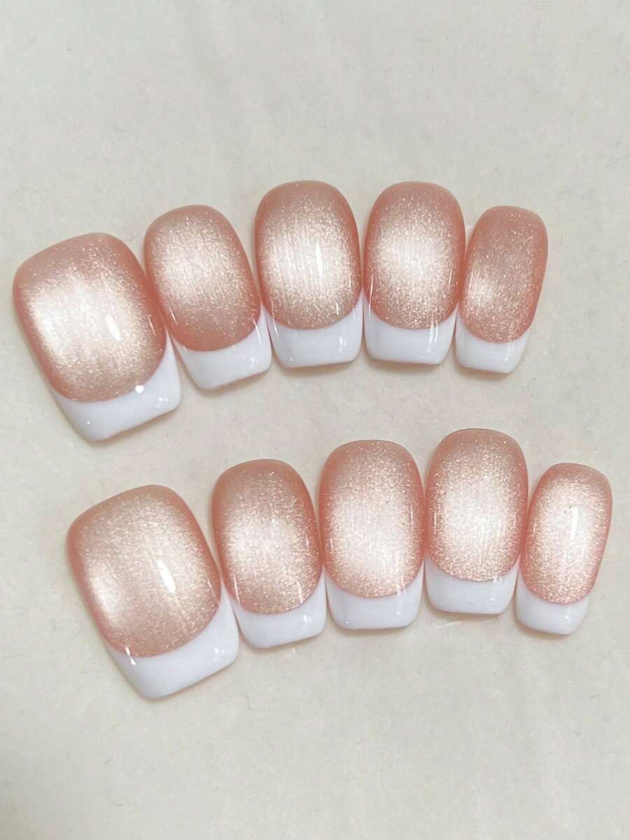 10pcs/Set Short Trapezoid Minimalist Pink Cat Eye French Style Nail Stickers, Removable & Reusable, Suitable For Daily, Holiday, Date, Ideal Gift For Girls And Women, Comes With Nail Kit - Pink - View 1
