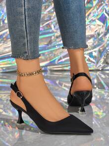 MonaNise Pointed Toe High Heel Pumps, V-Cut Low Vamp Backless Sandals For Women - Black - View 3