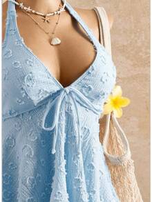 2026 European & American Style Lace Bikini, Halter Tie Ruffle Hem Tummy Control Two Piece Swimsuit For Hot Spring & Beach - Blue - View 3