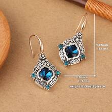 Brincos Pingente de Zircônia Azul Sintética Vintage Mais Vendidos, Design Entalhado Clássico e Elegante, Adequado para Uso Diário e em Festivais, Presente Ideal para Mulheres e Meninas - Prata - Visão 3