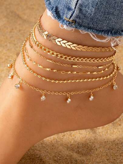 6件套简约水晶元素沙滩脚链套装，百搭时尚配饰，送给女士和女孩的理想礼物，海滩度假的完美之选