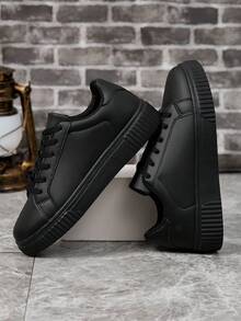 Men's White Sneakers Thick Sole Lightweight Soft Bottom Casual Skate Shoes Comfortable Breathable Men's Shoes Plus Size 45 Couple Style Unisex Black Shoes - Black - View 6