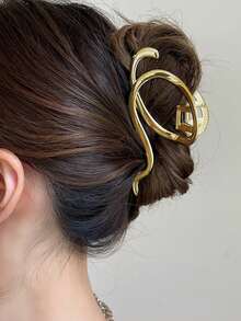 1pc Gold-Tone Geometric Asymmetrical Line Design Hair Claw Clip, Stylish Metal Hair Accessory,Summer,Holiday,Travel - Gold - View 4