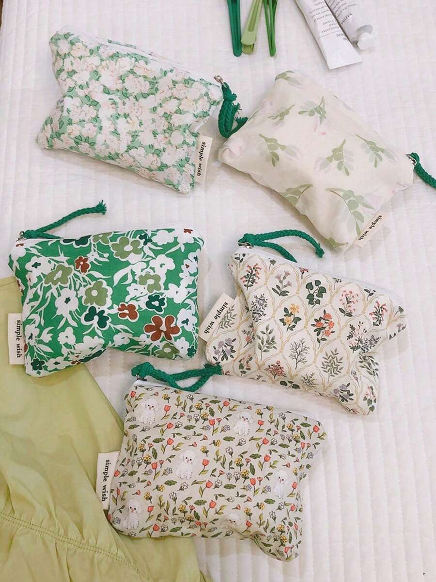 Green Twig Print Cotton Coin Purse, Earphone Card Holder, Large Capacity Pouch, Multi-Purpose Travel Organizer Bag For Women Money Wallet Mini Wallet Purse Wallet Small Wallet Cute Wallet Coin Wallet Travel Essential Summer - Multicolor - View 1