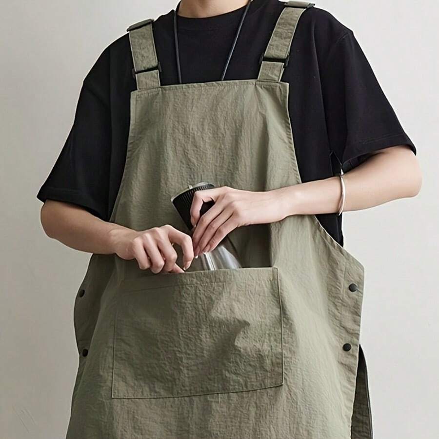 Multi-Pocket Functional Work Apron With Front & Back Pockets, Universal Unisex Catering & Kitchen Apron, Heavy-Duty Stain-Resistant Canvas Apron With Adjustable Neck Strap, Ideal For Outdoor Hairdressing, Coffee Shops, Barbecue Stalls, Restaurants, Food Service Industries, Home Cooking, Baking, Grilling & Daily Household Use, Durable Protective Workwear For Men & Women, Perfect Gift & Essential Tool For Holiday Home Baking, Grilling, Culinary Activities & Craft Work - 橄欖綠 - 查看 1