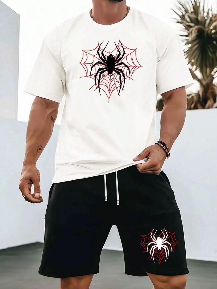 2pcs Active DressSpider Web Print Men'S Casual Two-Piece Spider Theme Summer Outfit Halloween Spring & Summer Outfits  Vintage Graphic With Funny Prints, Casual Outing Outfits For Easter  Fourth Of July, Labor Day Printed & Shipped In The USA. - 白色 - 查看 1