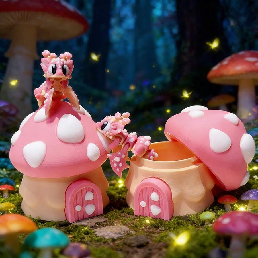 Figura de juguete de plástico de dragón de hongo adorable y lindo + modelo de casa de hongo, escultura de decoración de escritorio, regalo de cumpleaños o festivo