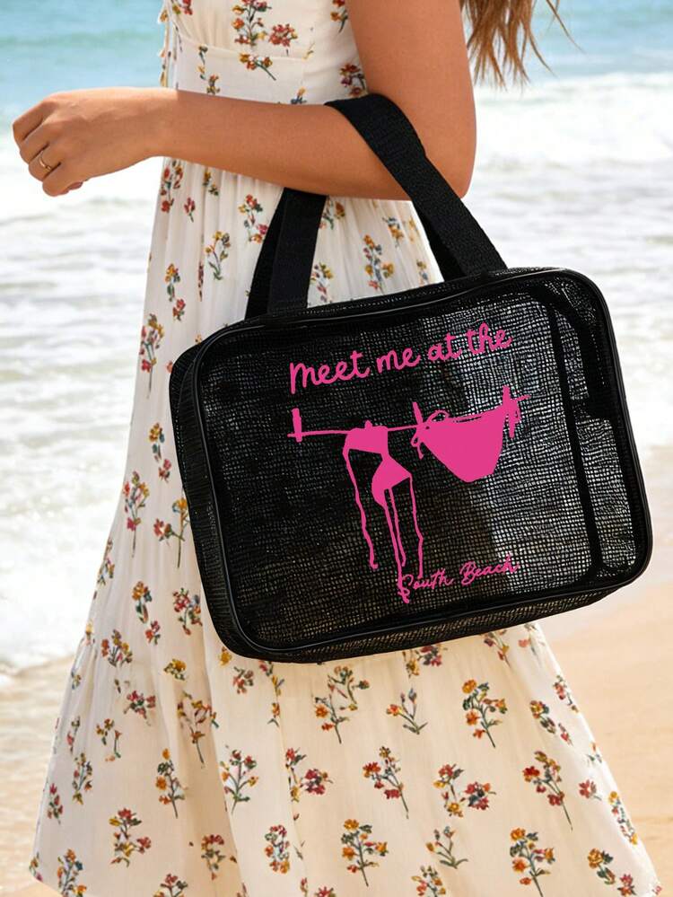 新款黑色网眼尼龙手提沙滩包，女士洗漱包，便携旅行必备沙滩包，可装毛巾、牙膏、洗漱用品等，适合母亲、教师、朋友、护士、学校、度假等各种场合，可用作洗漱包、化妆包、旅行必备品。 - 彩色 - 查看 5