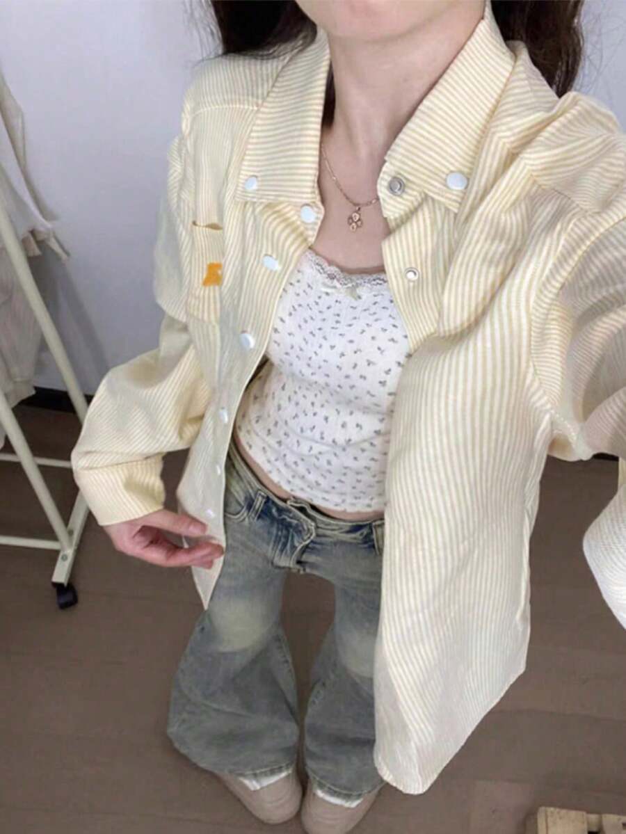 2024 New Vintage American Style Yellow Striped Embroidered Loose Fit Casual Jacket Tops For Early Autumn - Yellow - View 1