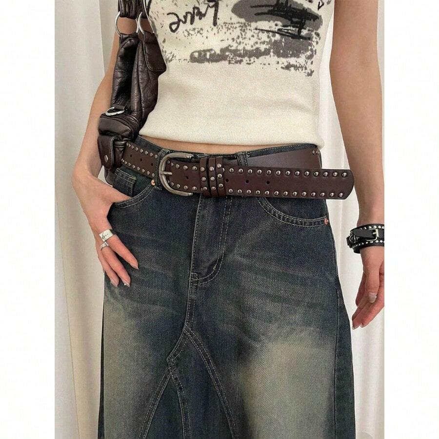 1pc Women's Coffee-Colored PU Leather Punk Style Double Row Rivet Decor Belt Versatile Accessory Summer School Fall Autumn Halloween - Coffee Brown - View 1