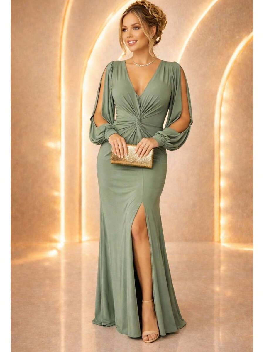 Bridesmaid Dress For Party Guests Reception Graduation Without Shine, Long Sleeves, Openwork In Fluity With Slit - verde oliva - 查看 1