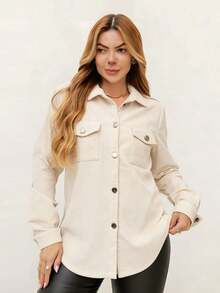 Women's Longline Corduroy Jacket Premium Velvet – Casual Chic Style Casual Fabric Buttons Front Everyday - Màu be - Xem 2